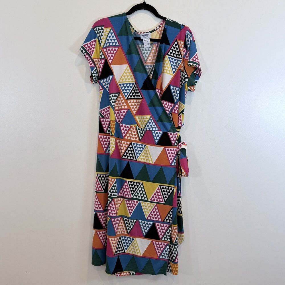 Monroe & Main Geometric Multicolor Wrap Midi Dress Knit Stretch Cap Sleeve XL
